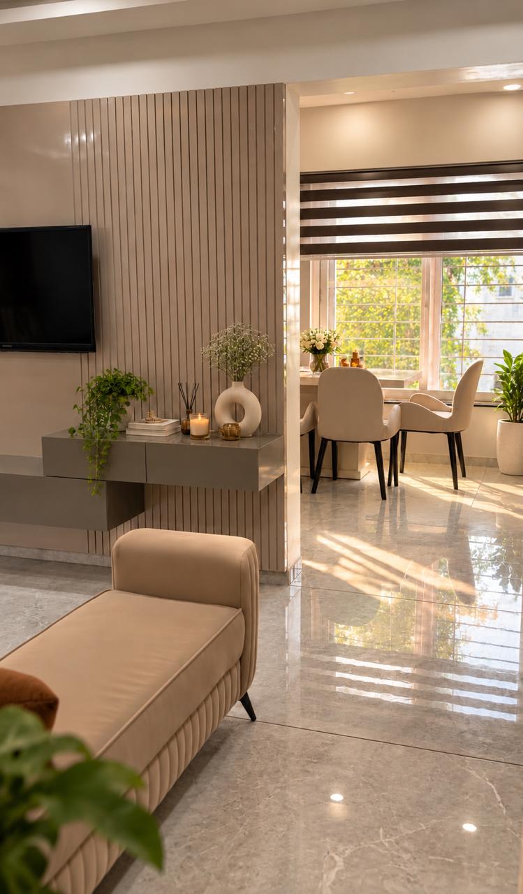 Dining area view with warm sunlight streaming in